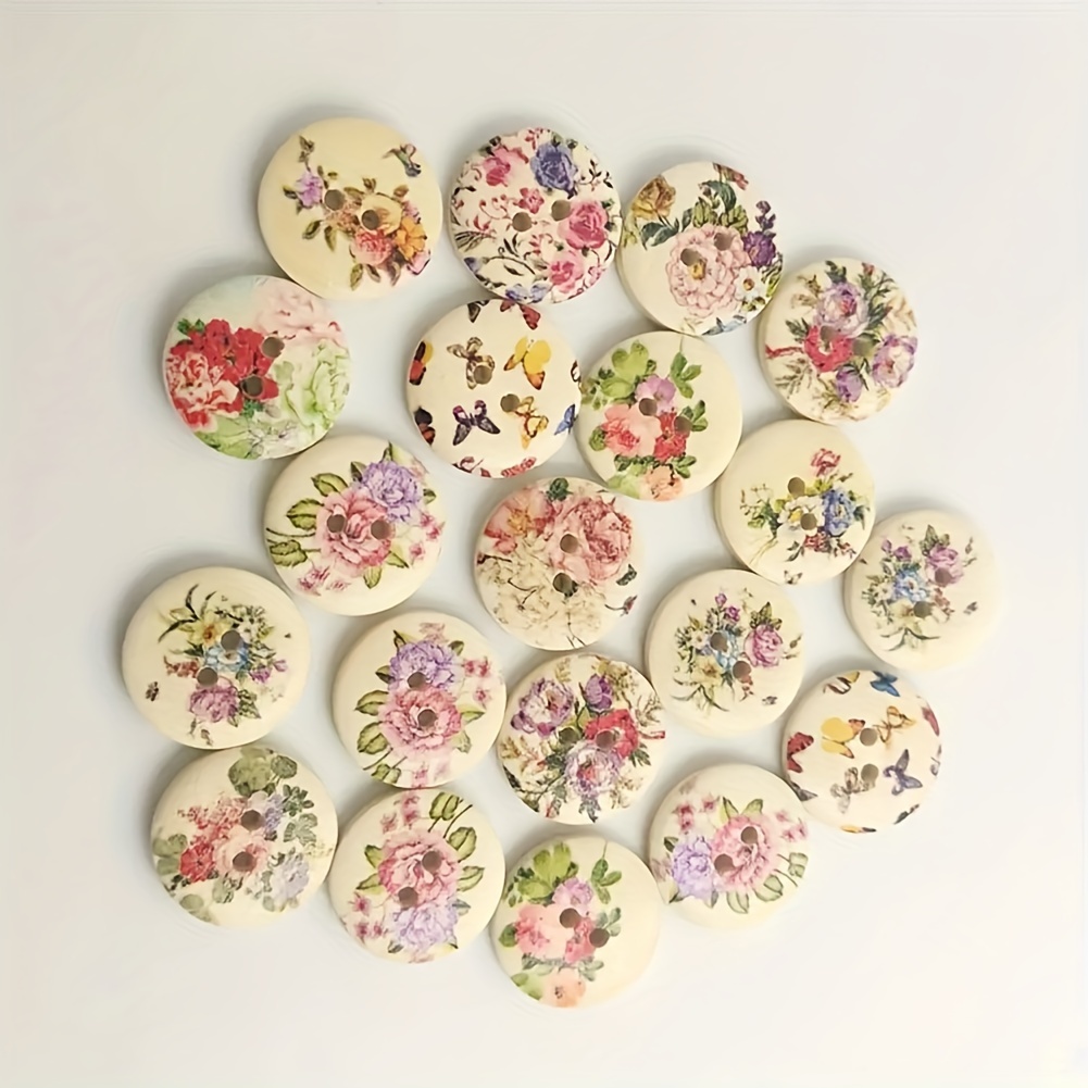 E-shop 50er Set Holzknöpfe mit Blumenmuster - Durchmesser 20mm/0,787in