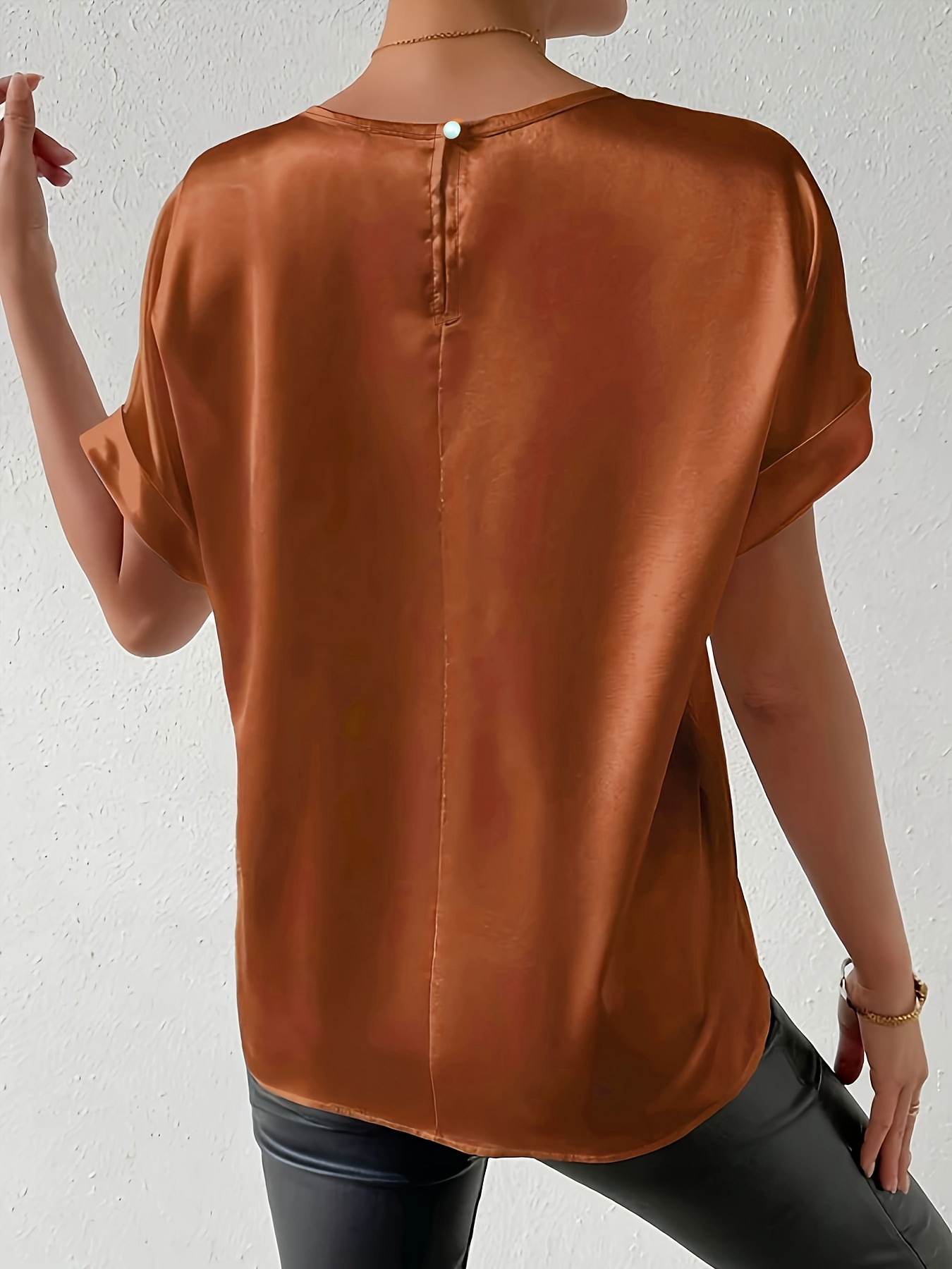 Women'S Plus Size Light Blue Woven Blouse - Elegant Short Sleeve Crew Neck, Solid Color, Non-Stretch Fabric, Perfect for Summer, Casual Summer Wear|Sleek Fitted Look|Nonstretch Material, Plus Size Blouses