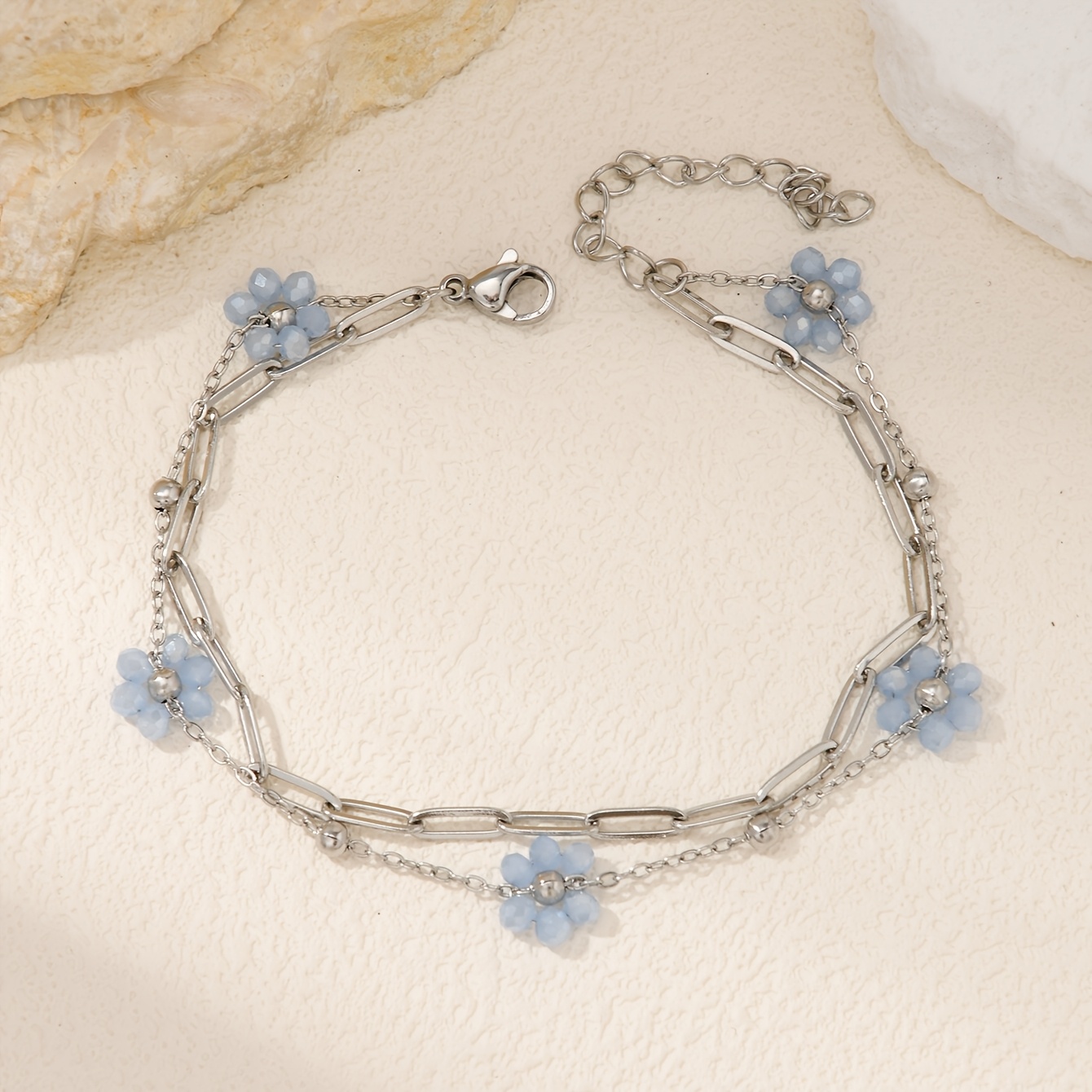 TEMU 1pc Fashionable Stainless Steel Flower Beaded Hand-woven Double-layer Bracelet, Colors Of Flowers Are Random