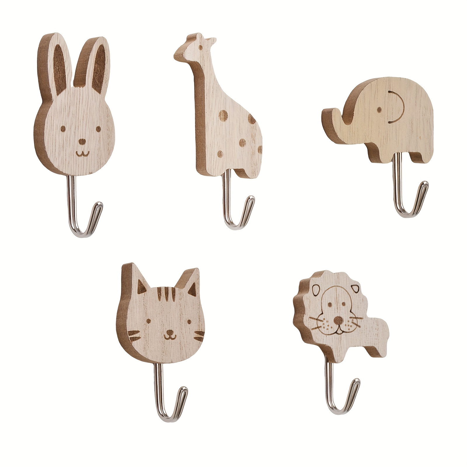 

5pcs Wooden Animal Wall Hook Set, Cat, Lion, Rabbit, Giraffe, Elephant Shape Hooks, , Fashionable Wooden Hooks, Suitable For Children's Room, Kindergarten, Bedroom Decoration, Hooks