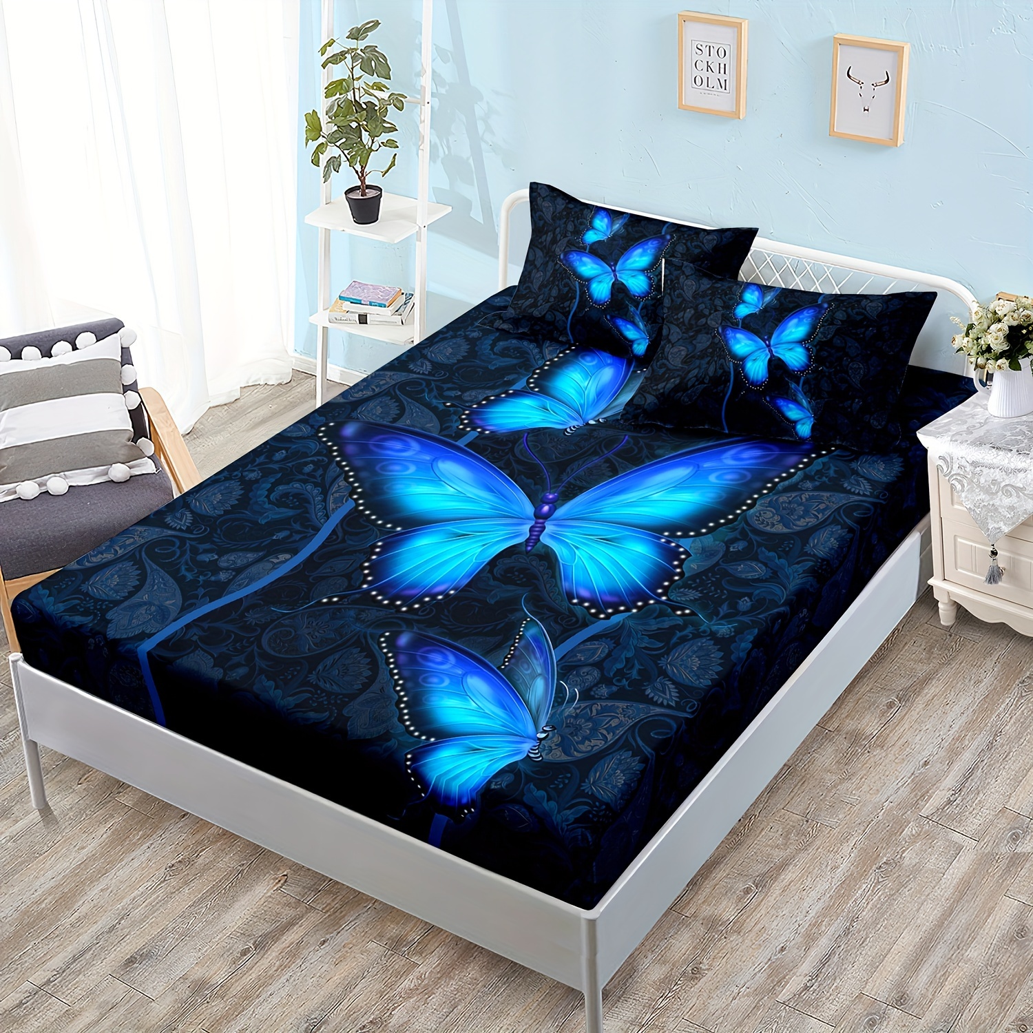 

3pcs 100% Polyester Blue Butterfly Print Fitted Sheet Set Girls Bedroom Decoration, Mandala Floral Boho Pattern, 1 Fitted Sheet + 2 Pillowcases Without Core