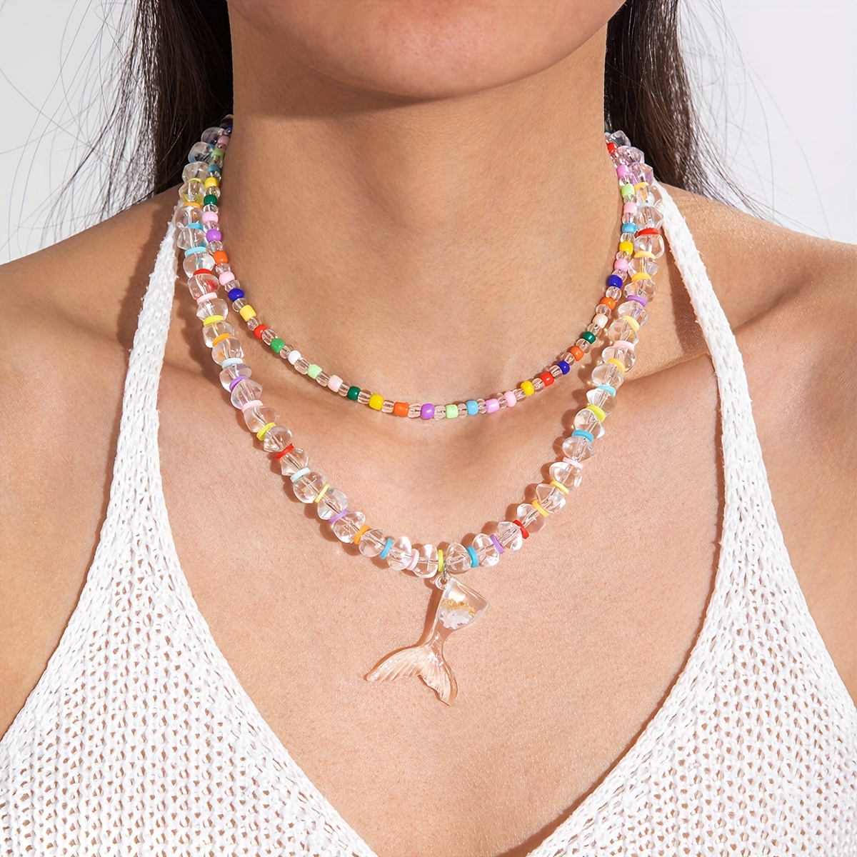 Bohemian Multicolor Beaded Fish Tail Pendant Jewelry Set