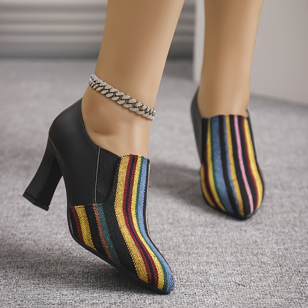 Women's Retro Chunky High Heel Mary Jane Shoes - Pointed Toe with Multicolor Striped (Rainbow/Black) Faux Cover Upper, Comfortable Block Heel & TPU Sole, All-Season Versatile Dress Shoes for Casual & Formal Events