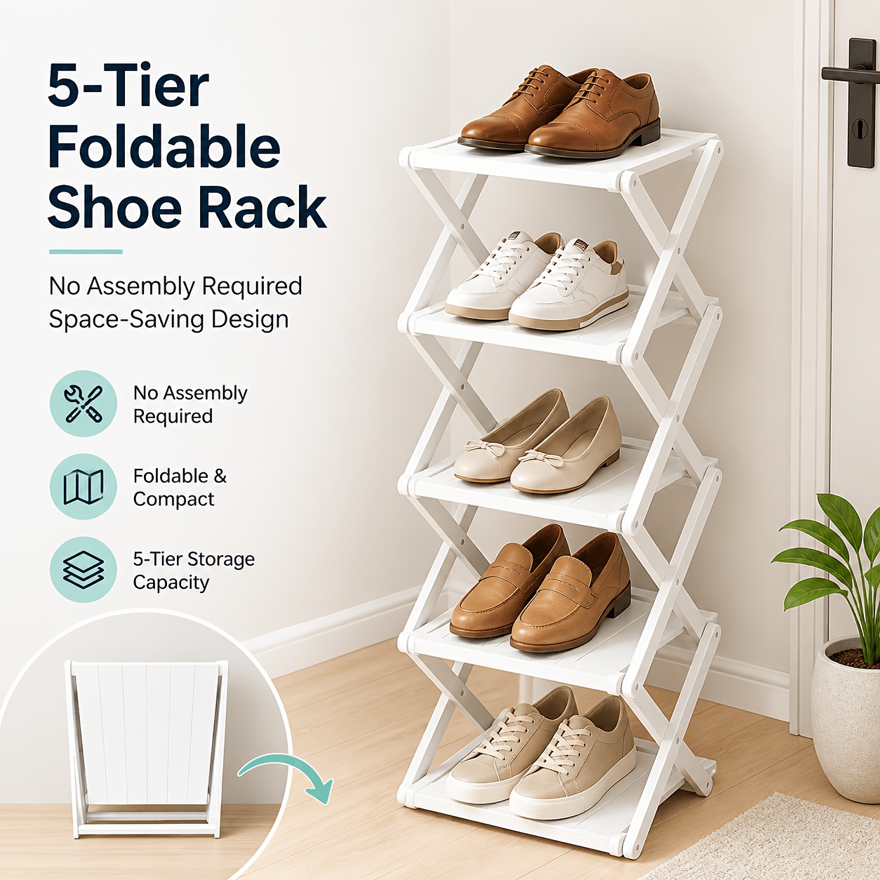 5-tier Foldable Shoe Rack, White Freestanding Shoe Organizer With Design, No-assembly Setup And Compact Storage, Suitable For Entryway, Closet, Bedroom, Hallway, Dorm And Apartment, Cooking