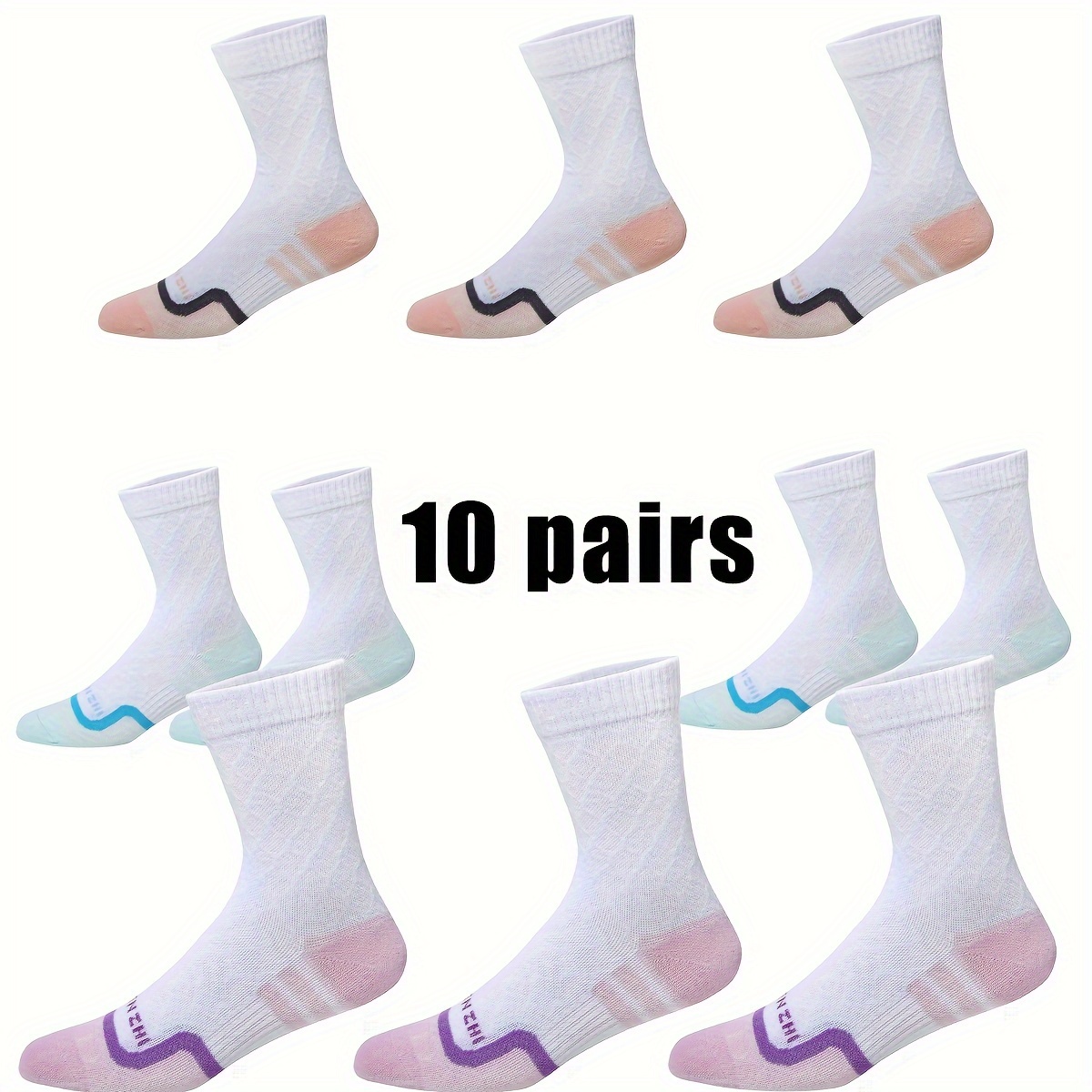 

10 Pairs Athletic Socks For Women - Polyester Knitted Fabric With Spandex & Elastane, Striped Crew Socks For All , Ideal For Sports & , Machine Washable