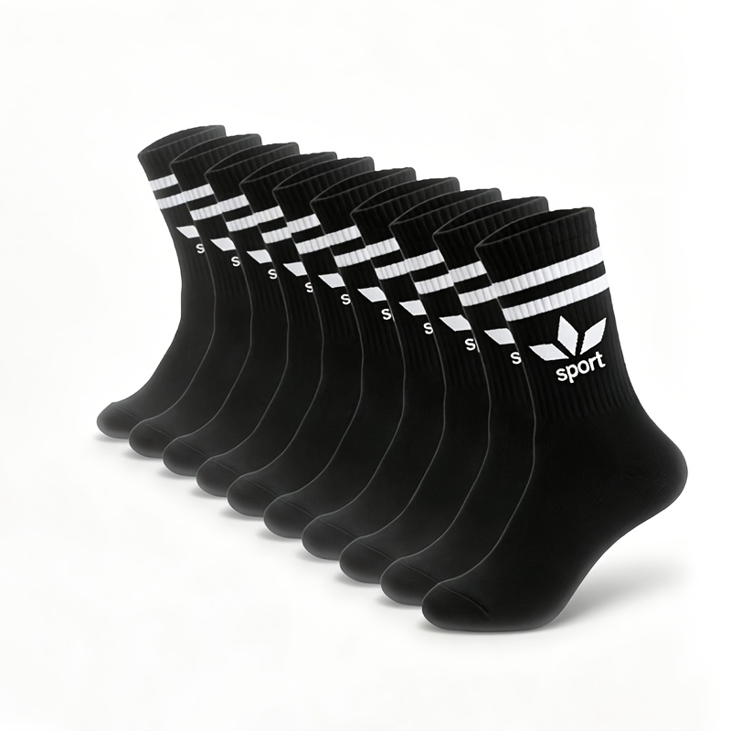 TEMU Striped Crew Socks, 10 Pairs, Black, White Or Mixed Options, Casual Sports Style