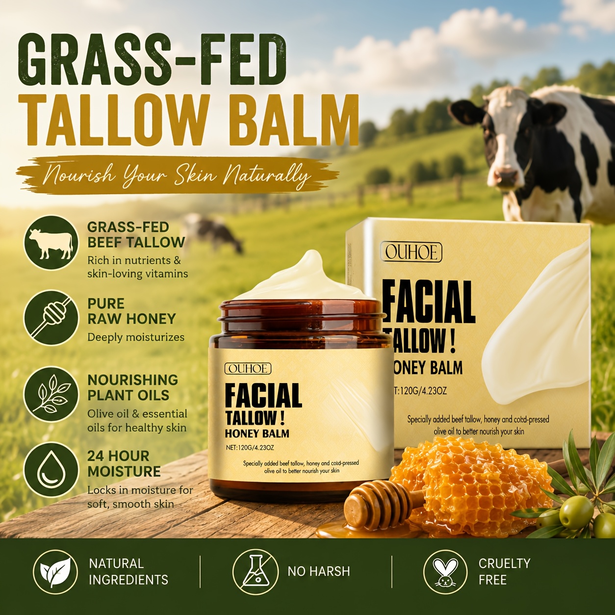 Grass-fed Beef & - Natural Fast-absorbing Formula For Sensitive Light, Hydration For Face& Body - For All Light Types, - Dry, Cracked, Sensitive, Mature - Long-lasting Moisturing