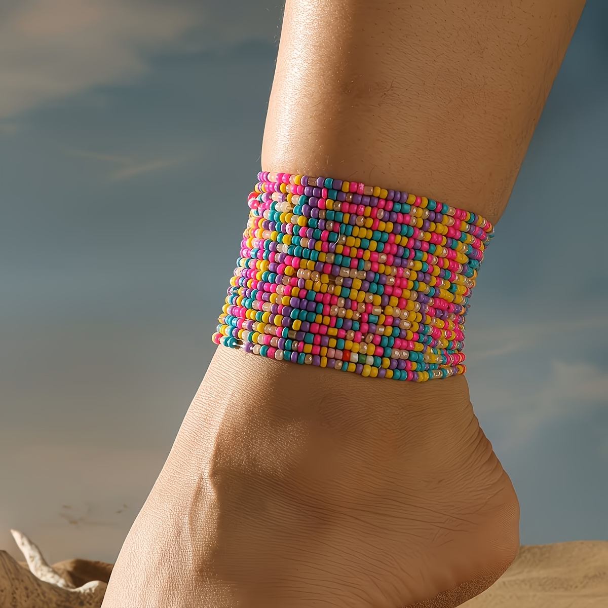 6pc Fashionable Beach Ethnic Style Seed Bead Anklet Set