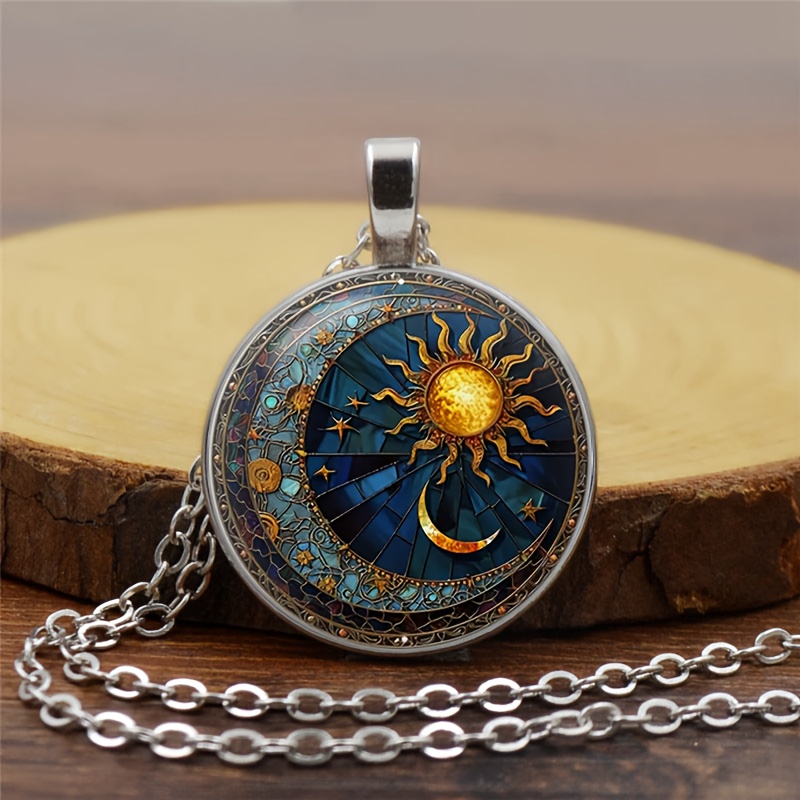 Sun And Moon Time Gem Necklace Funky Glass Convex Circular Necklace Cute  Funny Jewelry Gift For Girls