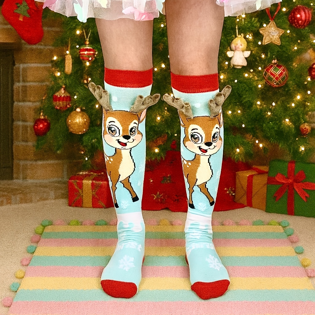 Image of 1 Pair Of Winter Socks, Christmas Knee-high Socks For Kids - Colorful Christmas Reindeer Design, Perfect For Parties And Gifts, Decor Socks For Boys And Girls, Match For Girls' Dress Or Pants