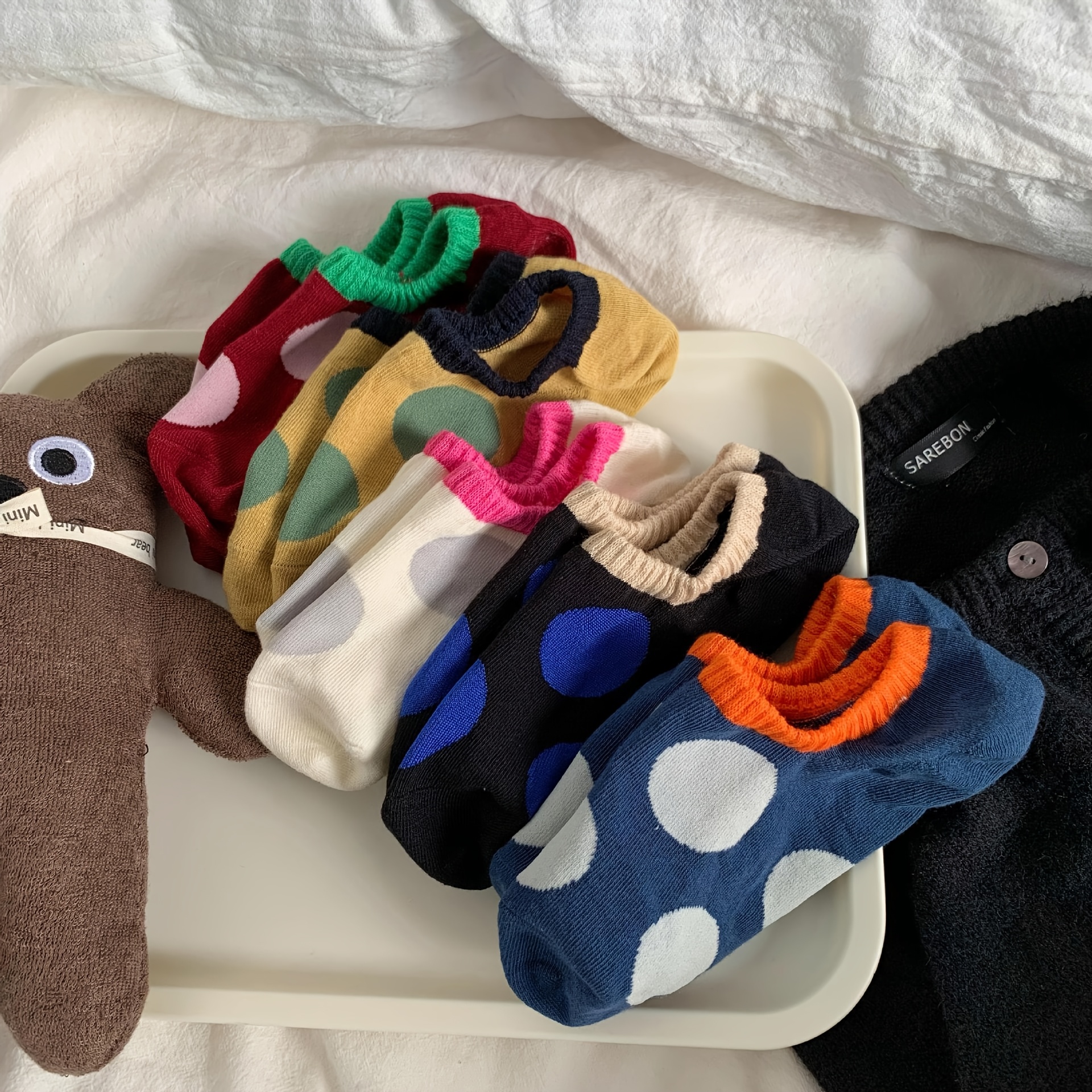 TEMU 5 Pairs Women's Large Polka Dot Boat Socks Daily Comfortable Versatile Spring Summer Thin Breathable Non-slip Boat Socks