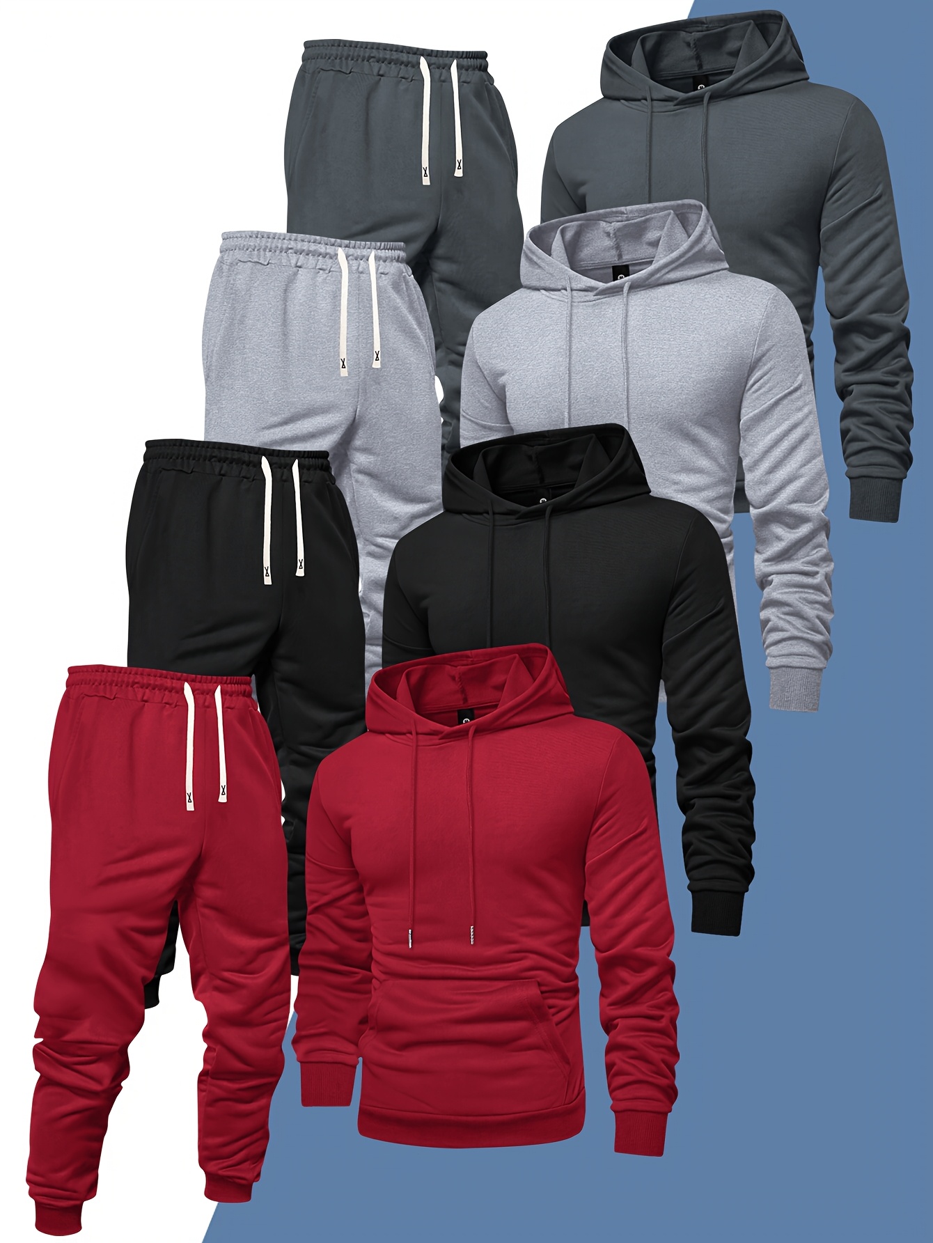 Ensemble de sport décontracté pour homme, 8 pièces : sweat-shirt à capuche + pantalon de survêtement, automne et printemps, couleur unie, pull uni, manches longues, capuche, cordon de serrage, taille élastique, pantalon côtelé à chevilles.