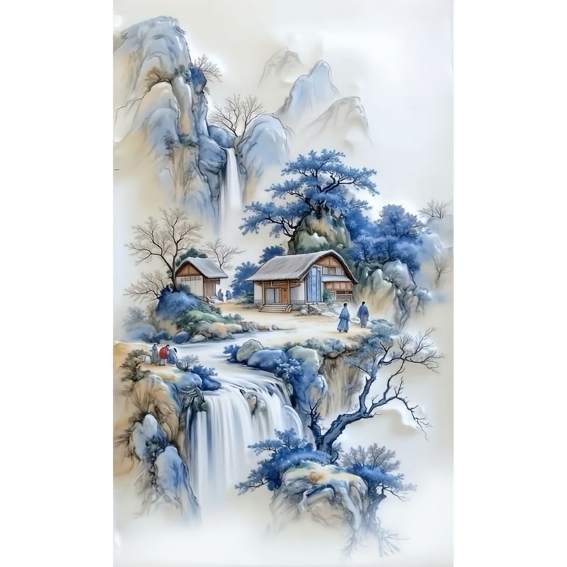 TEMU 1pc Of New Chinese-style Blue And White Landscape Diamond Painting, New Diy Frameless Full Diamond Round Diamond Painting Kit, Diamond Painting