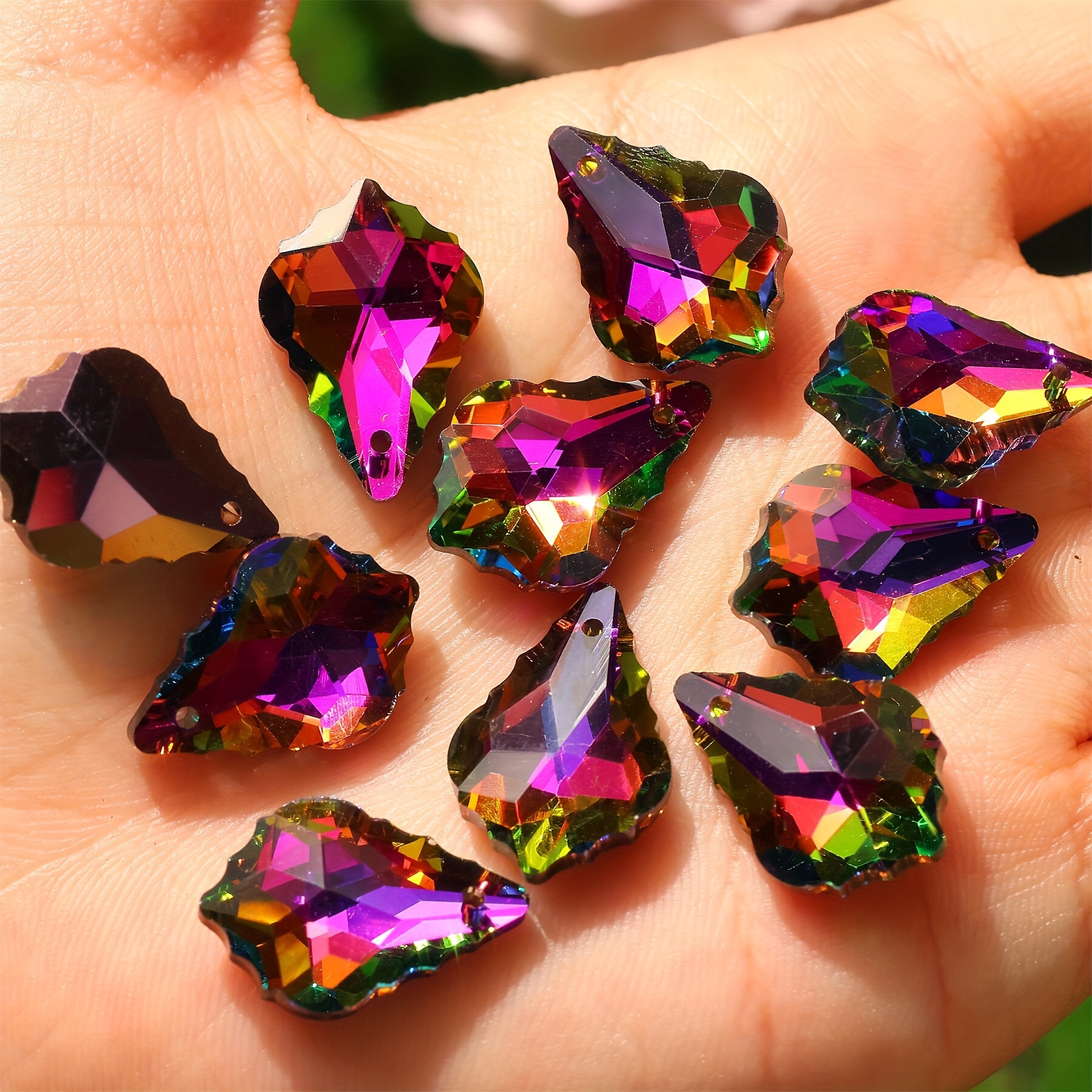 10pcs Maple Leaf Shaped AB Rainbow Glass Beads for DIY Jewelry Making