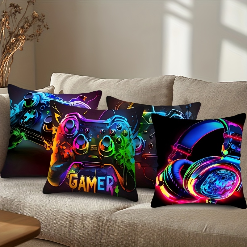 

4pcs Set Cushion Covers With Cool Gamer Headsets Gamepad Prints Pillow Covers For Room Playroom Decorative Sofa Car Decor, Washable Fabric Pillow Case (no Pillow )