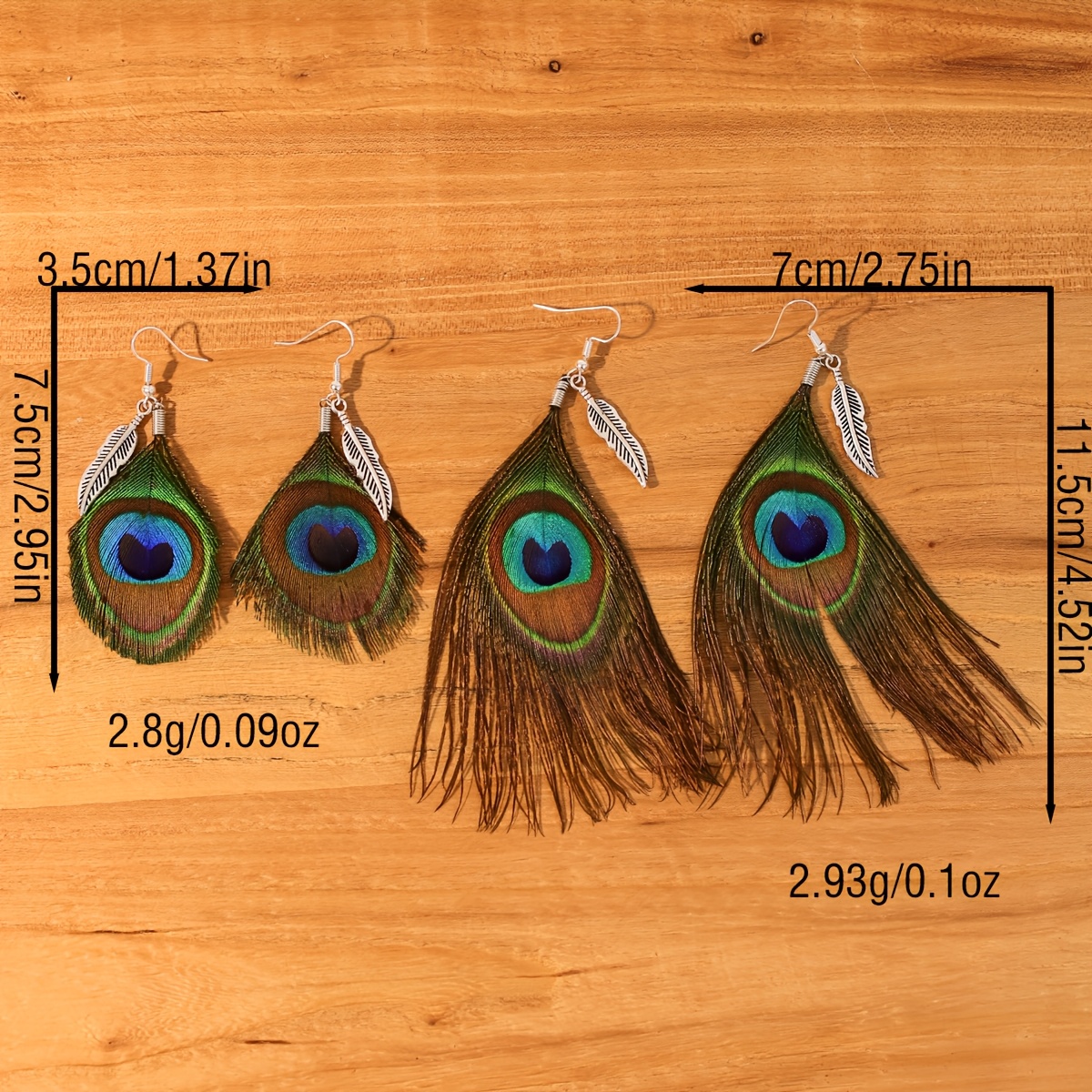 Bohemian Vintage Peacock Feather Earrings with Distressed Leaf Pendants