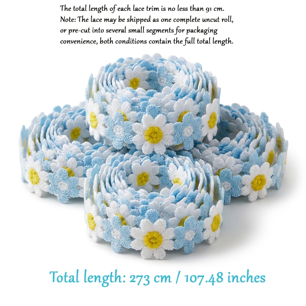 TEMU Blue White Daisy Embroidery Lace, Width 3.1cm Full Roll Length 91cm Water Soluble Lace Flower Ribbon, Clothing Collar Skirt Trims Doll Doll