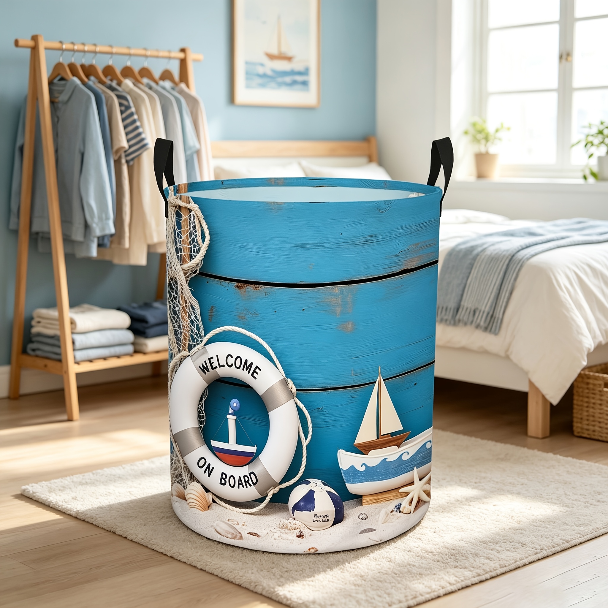 TEMU 1pc Laundry Basket, Coastal Nautical Pattern, Large Capacity Foldable With Handle, Ideal For Dorms - Durable And Convenient, Dorm Room Storage