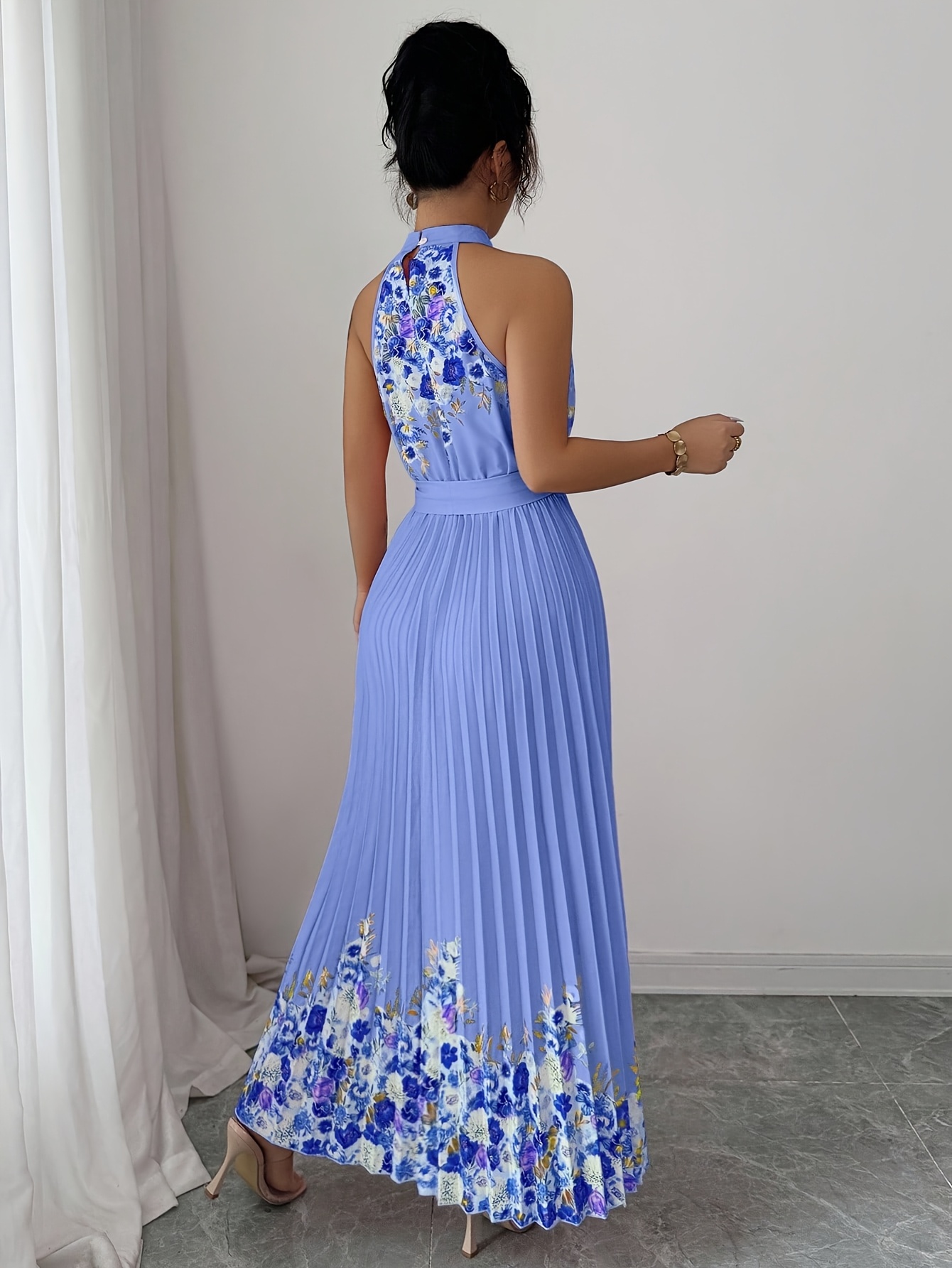 Fashionable New Women'S Summer Halter Floral Print Pleated Dress