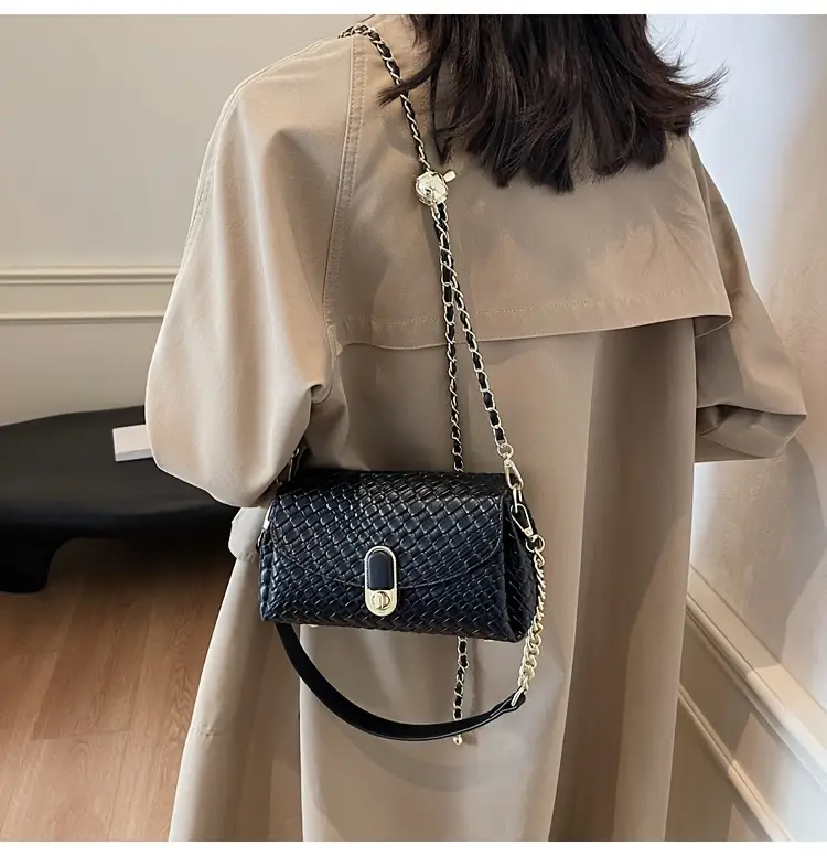 chic black woven crossbody bag for women versatile shoulder bag with detachable strap zip closure hardware casual or formal outfits Product details 8