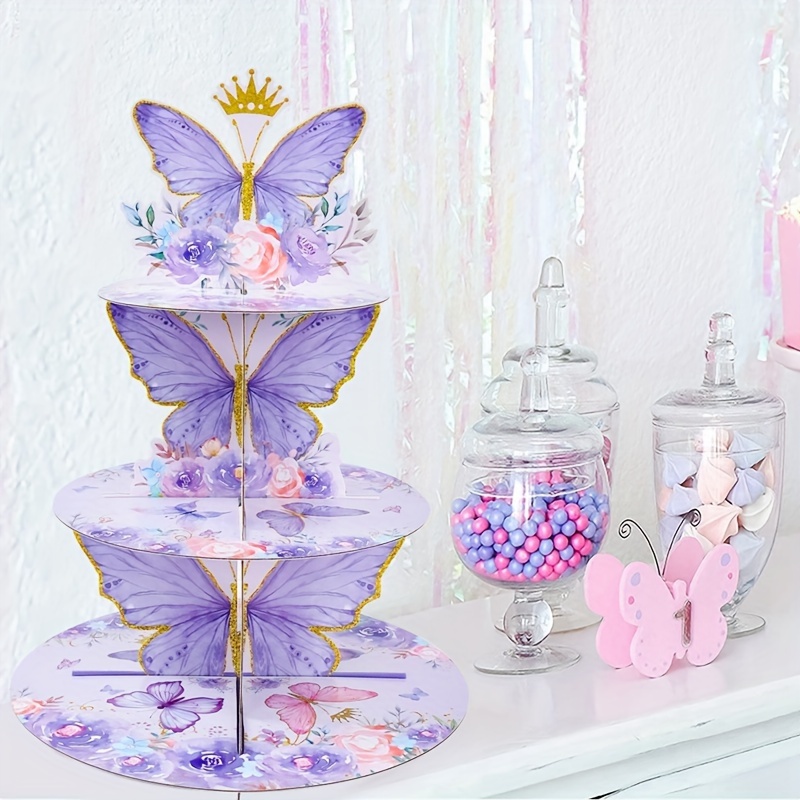 

Purple Butterfly 3-tier Paper Cake Stand - Multipurpose Dessert Display For Birthday, Wedding, Baby And Bridal Showers - Elegant Centerpiece For Event Party Dining Table, No Assembly Required