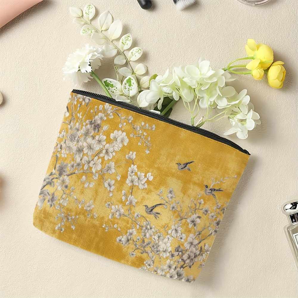 TEMU 1 Vintage Yellow Velvet Makeup Bag, With White Floral And Gray Flying Bird Patterns—a Foldable And Lightweight Cosmetic Pouch Suitable For Men