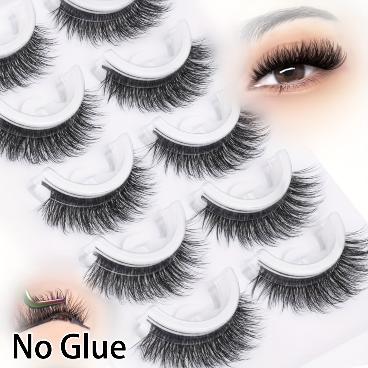 Image of 5 Pairs Of Self-adhesive Eyelashes Fine Press- No Glue Needed C- Reusable False Eyelashes Cat Eye Glue-free Eyelash Strip Tape