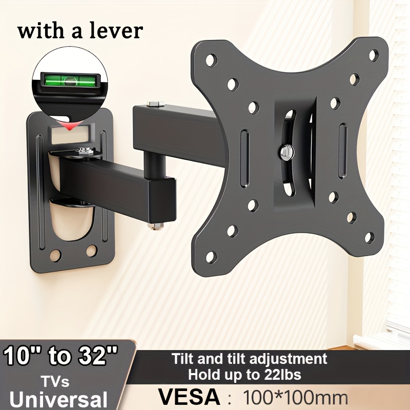 1 pièce support mural réglable pour téléviseur avec inclinaison et mouvement complet -   lourde de 13,61 kg, inclinaison à 15° & rotation à  °, compatibilité pour tv led/lcd 10-32 , vesa 100x100mm, installation facile   aux trous prépercés, design   de place, hauteur d angle ajustables, convient au montage sur mur des écrans plats jusqu à 32 pouces, noir moderne support télévisé encastré idéal pour installation  , 0