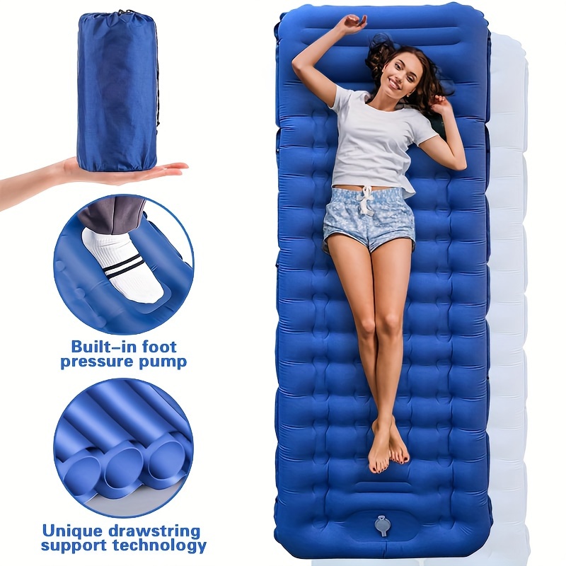 

4" Ultra-thick Camping Mattress Pad With Unique Drawstring Support, Self Inflating Sleeping Pad With Built-in Pillow And Foot Pump, Camping Sleeping Mat For Backpacking, Hiking