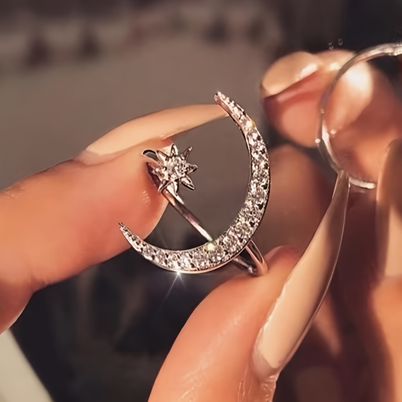 

Rhinestone Star Moon Decor Cuff Ring Elegant Inlaid Zircon Ring Female Dainty Finger Jewelry