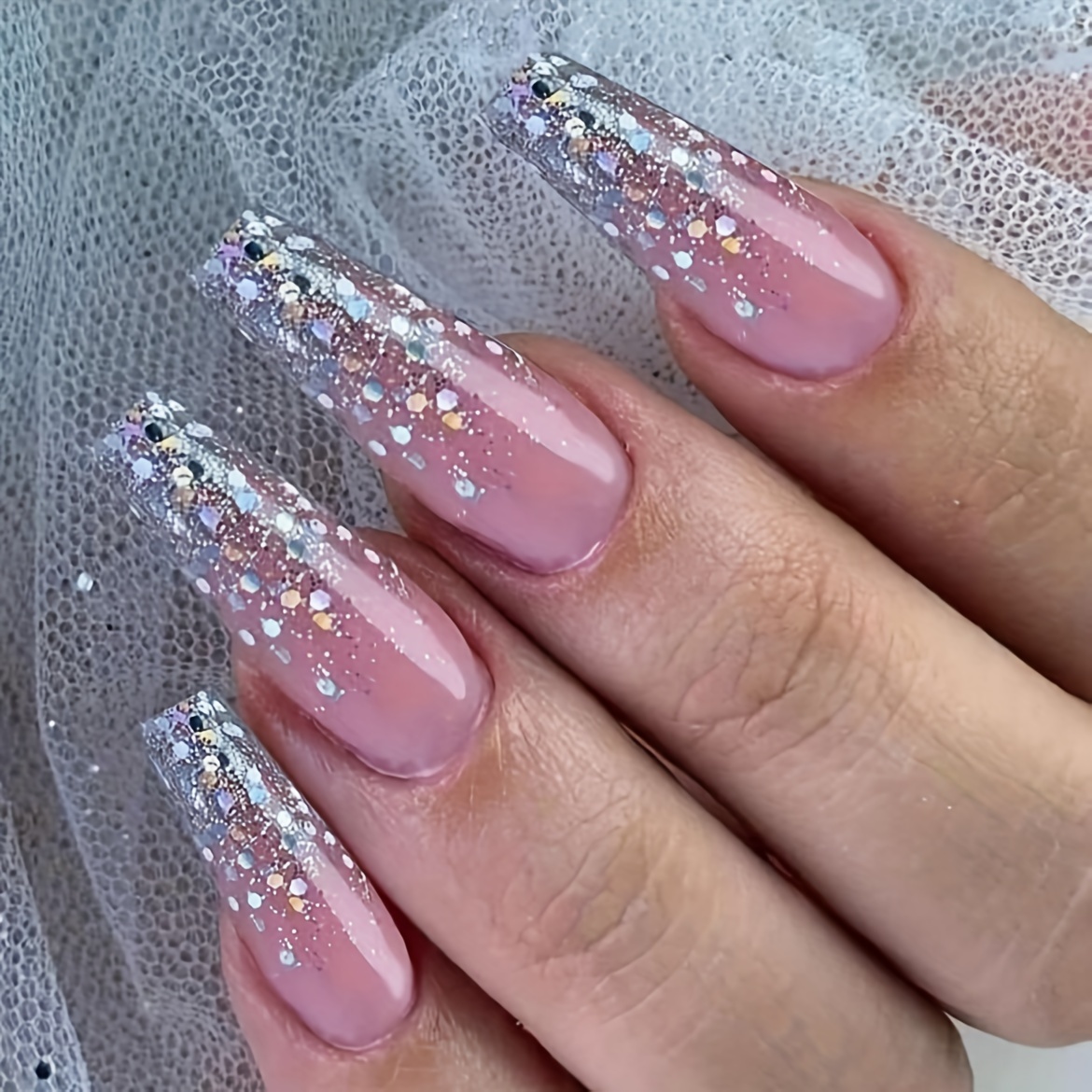TEMU 24pcs Glitter Gradient Long Square False Nails, Simple Press-on Nails With Adhesive Tabs, Sparkling Nail Art, Manicure Kit For