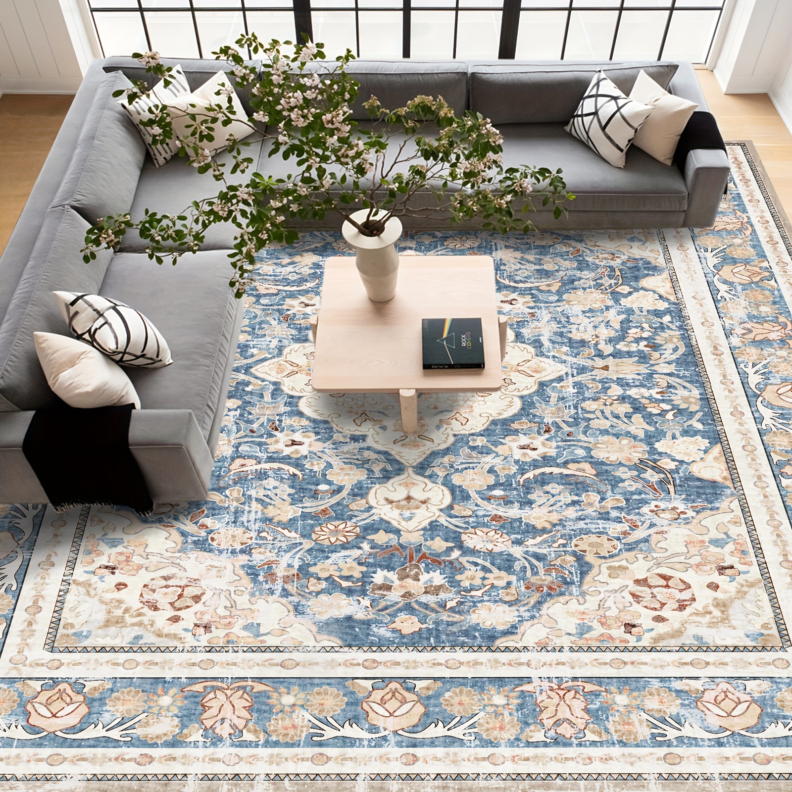 

Boho Area Rugs Vintage Washable Modern Neutral Large Carpet Blue 8×10 Rugs For Dinning Room Living Room Bedroom Farmhouse Non Slip