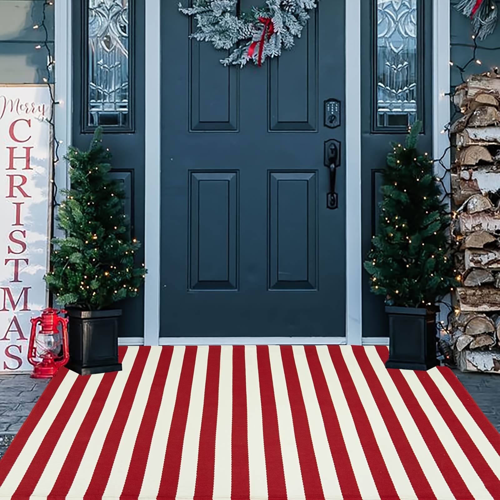 

1pc Red And Striped Christmas Mat - Washable, , , Rug For Porch, Doormat For , Decor, Entrance Mat