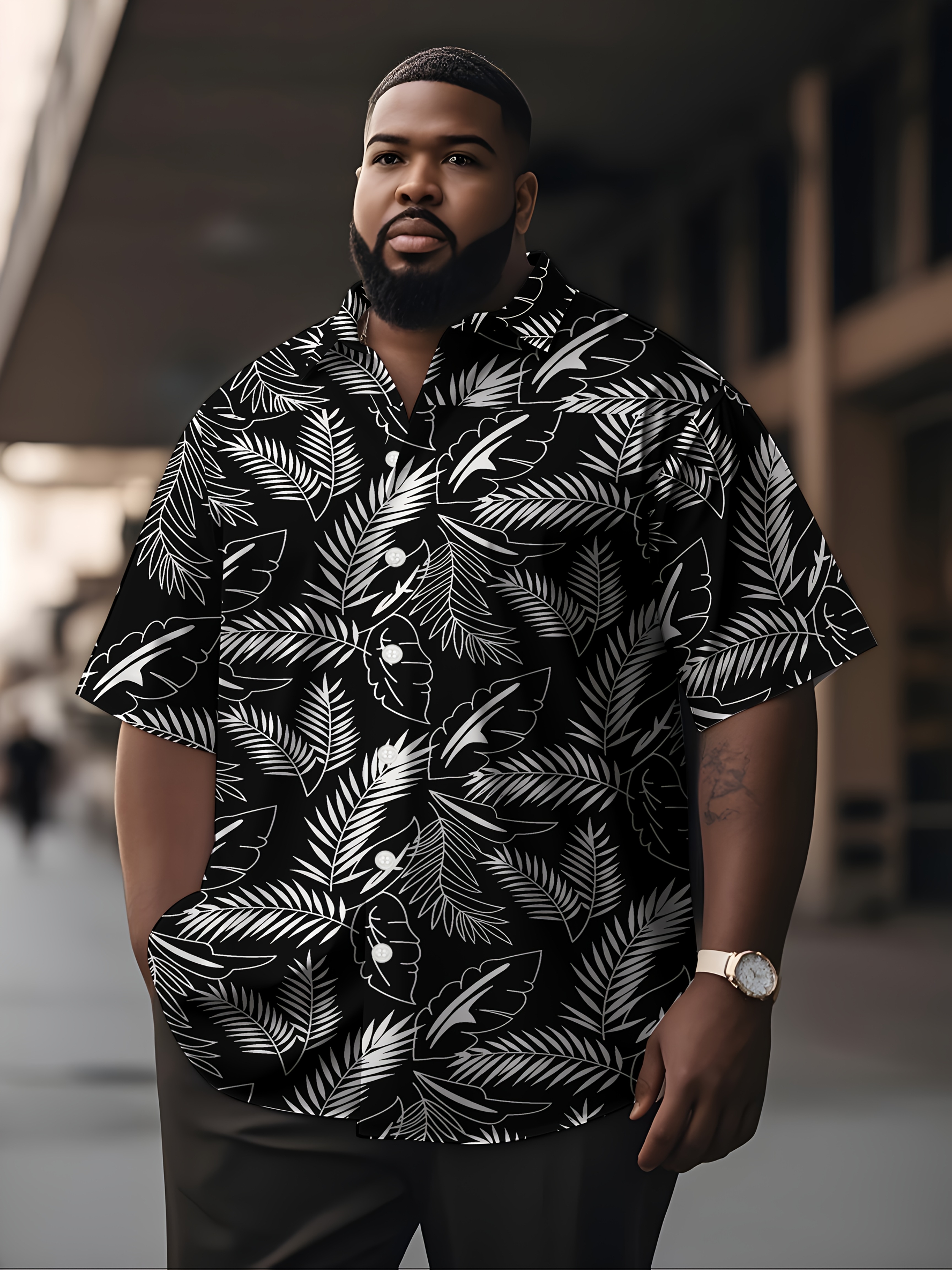Fashion Black Hawaiian Shirt Outfit Mens Plus Size Tropical Leaf