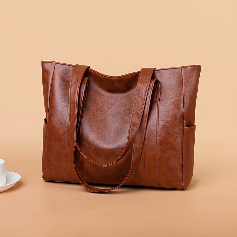

Faux Leather Tote Bag, Multi Pockets Large Handbag For Work School Travel