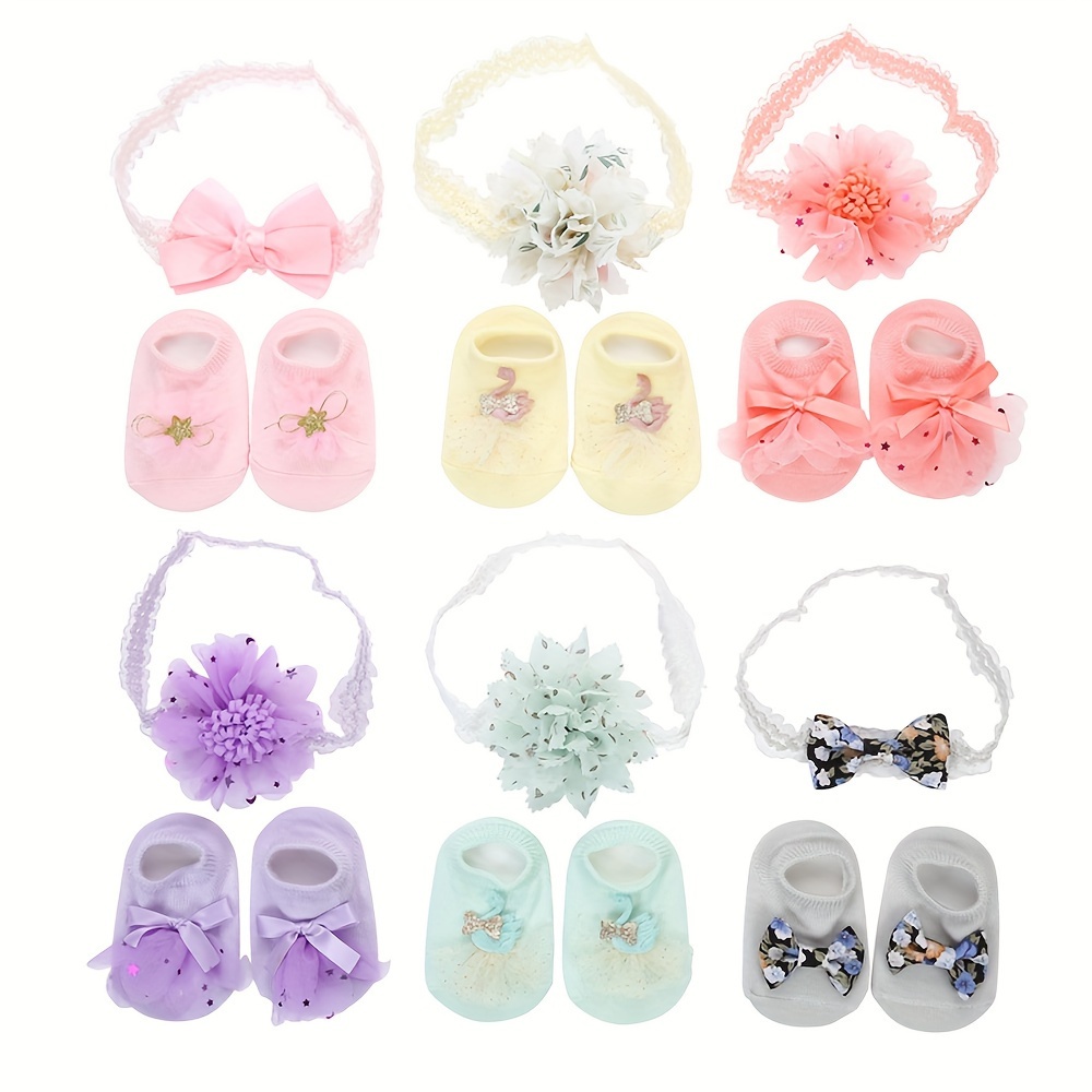 

2 Pairs Of Baby Girls' Cotton Blend Fashion Lace & Bow Design Low-cut Socks & Hairbands, Comfy & Breathable Soft & Elastic Sets For Spring And Summer