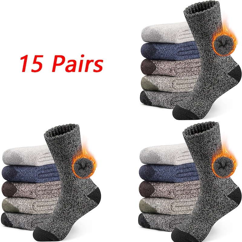 

15 Pairs Men's Merino Socks - Thermal Warm, Moisture-wicking, Soft Crew Socks For Winter Hiking Boots - 35% Wool, 45% Polyester, 15% Cotton, 5% Elastane - Knitted Solid Color