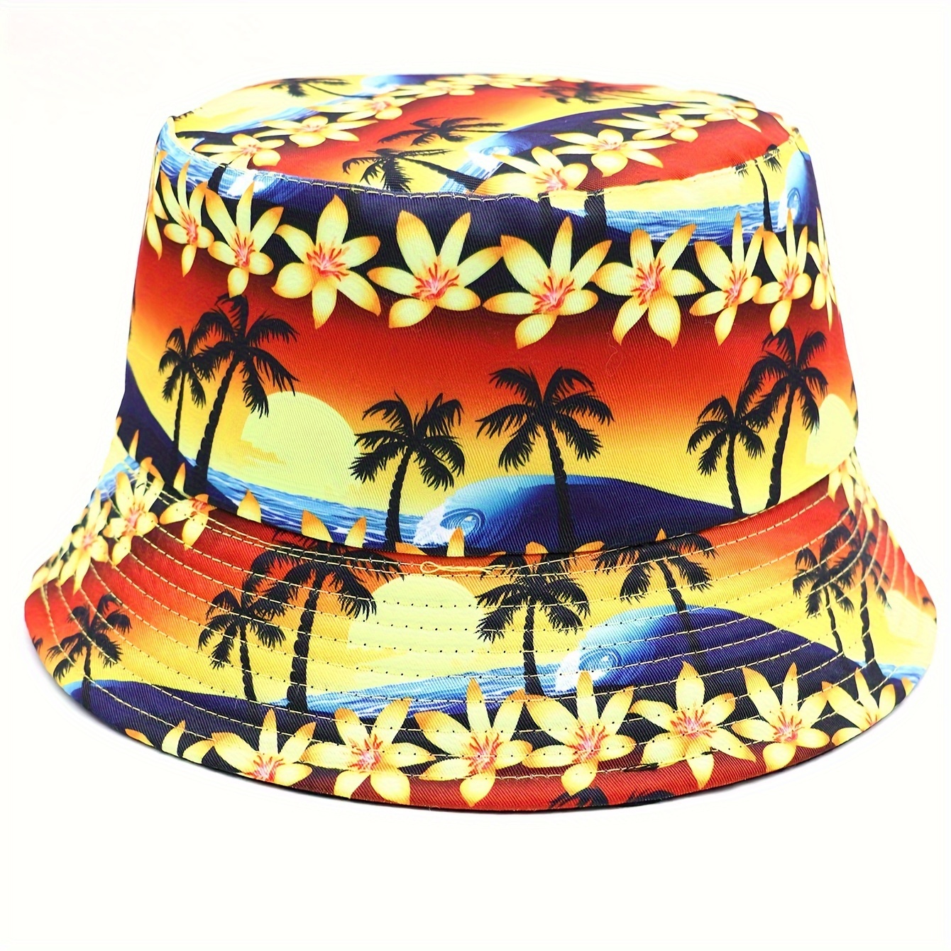 

Summer Beach Plant Bucket Hat Reversible Tropical Hawaii Style Print Basin Hats Lightweight Fisherman Cap For Women Men