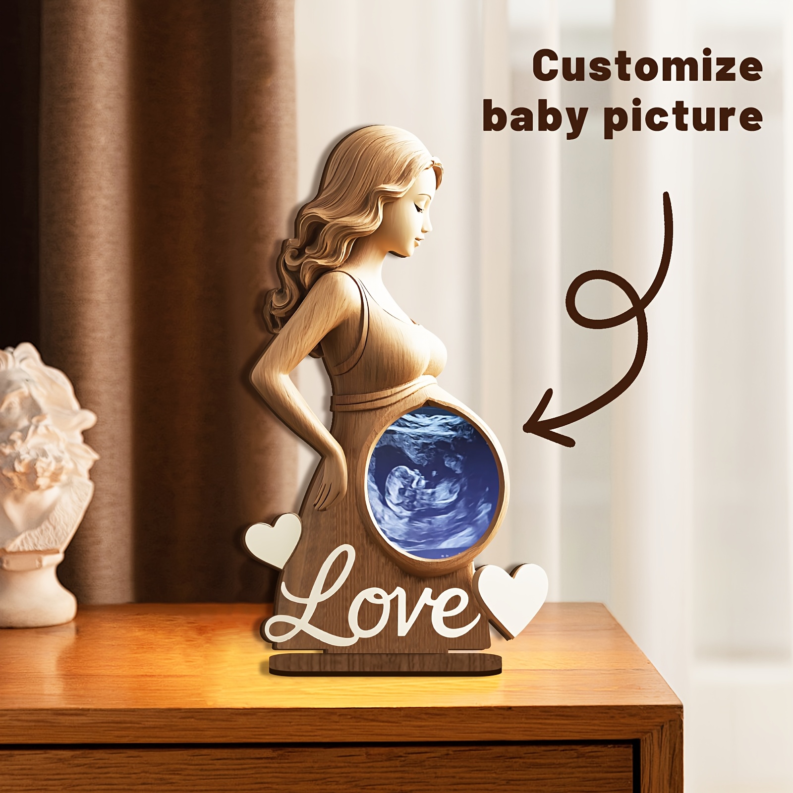 Image of Customizable Wooden Ultrasound Photo Frame - Personalized Keepsake For Pregnancy , Mother’s Day & Gifts, 3.9x7 Inches, Heart-shaped Design With "love"