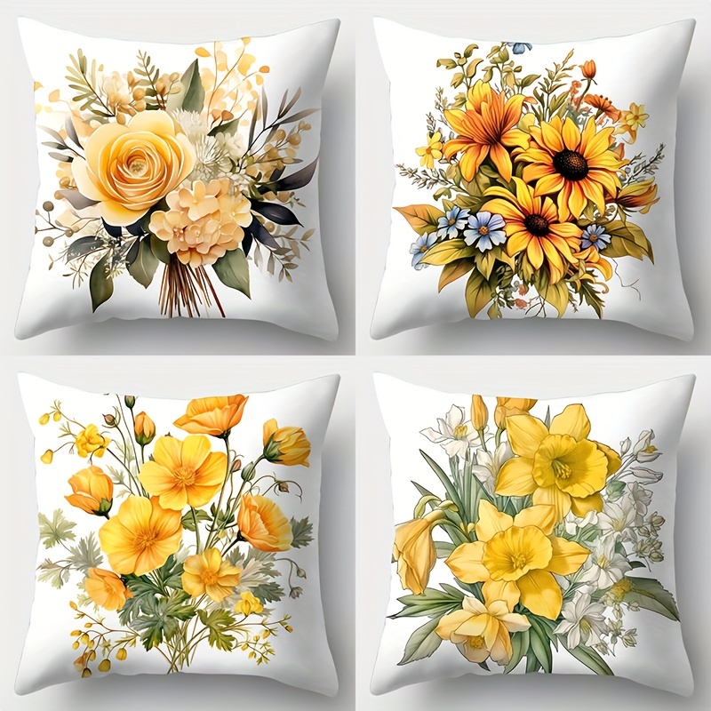 

4pcs Vibrant Yellow Floral Throw Pillow Covers, 18x18in, Contemporary Style Cushion Cases For Home, Room, Office, Living Room, Sofa Decor, No Insert