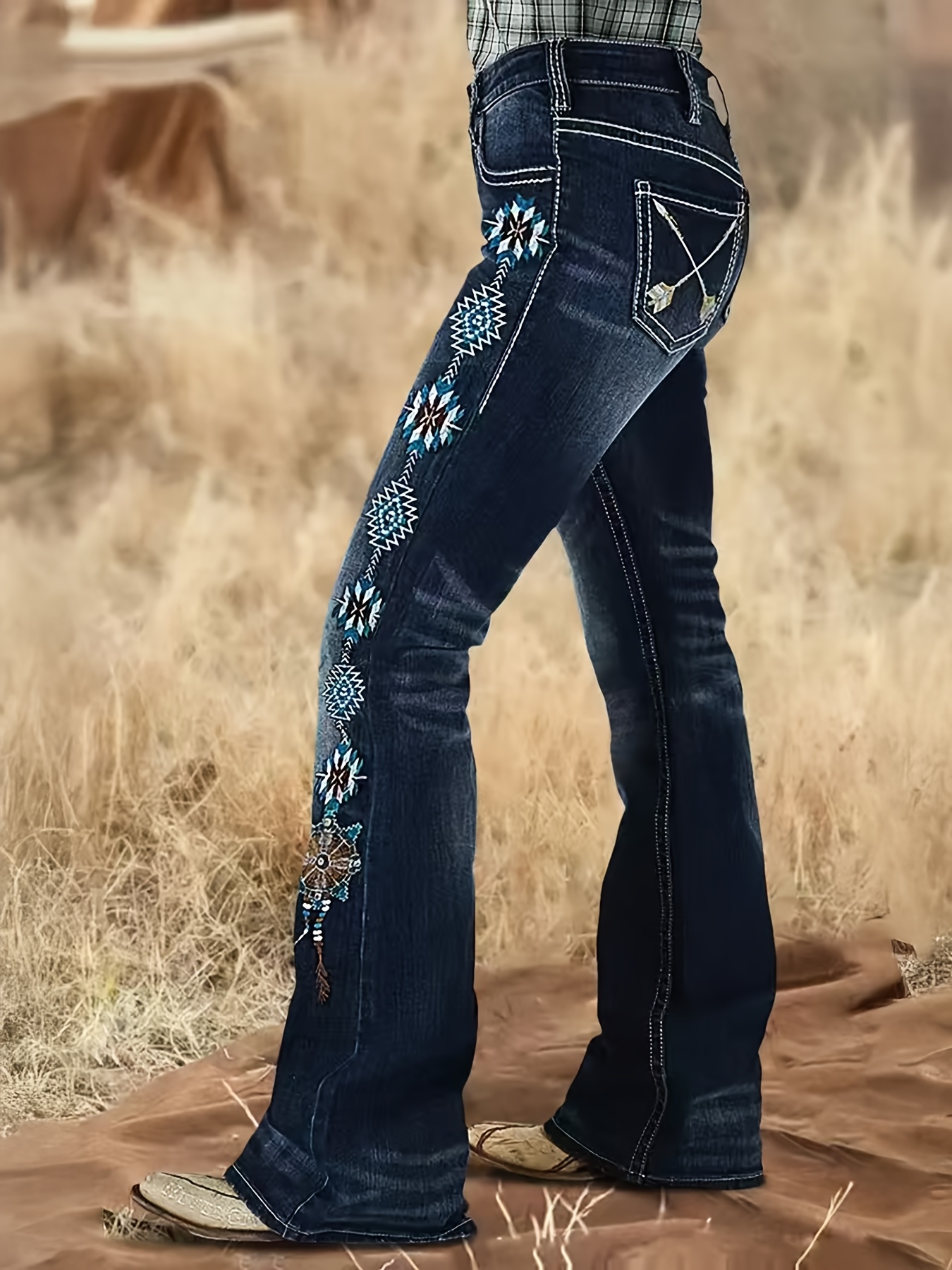 womens embroidered flare jeans dark blue with geometric and floral patterns stretch denim bell bottoms with pockets 0