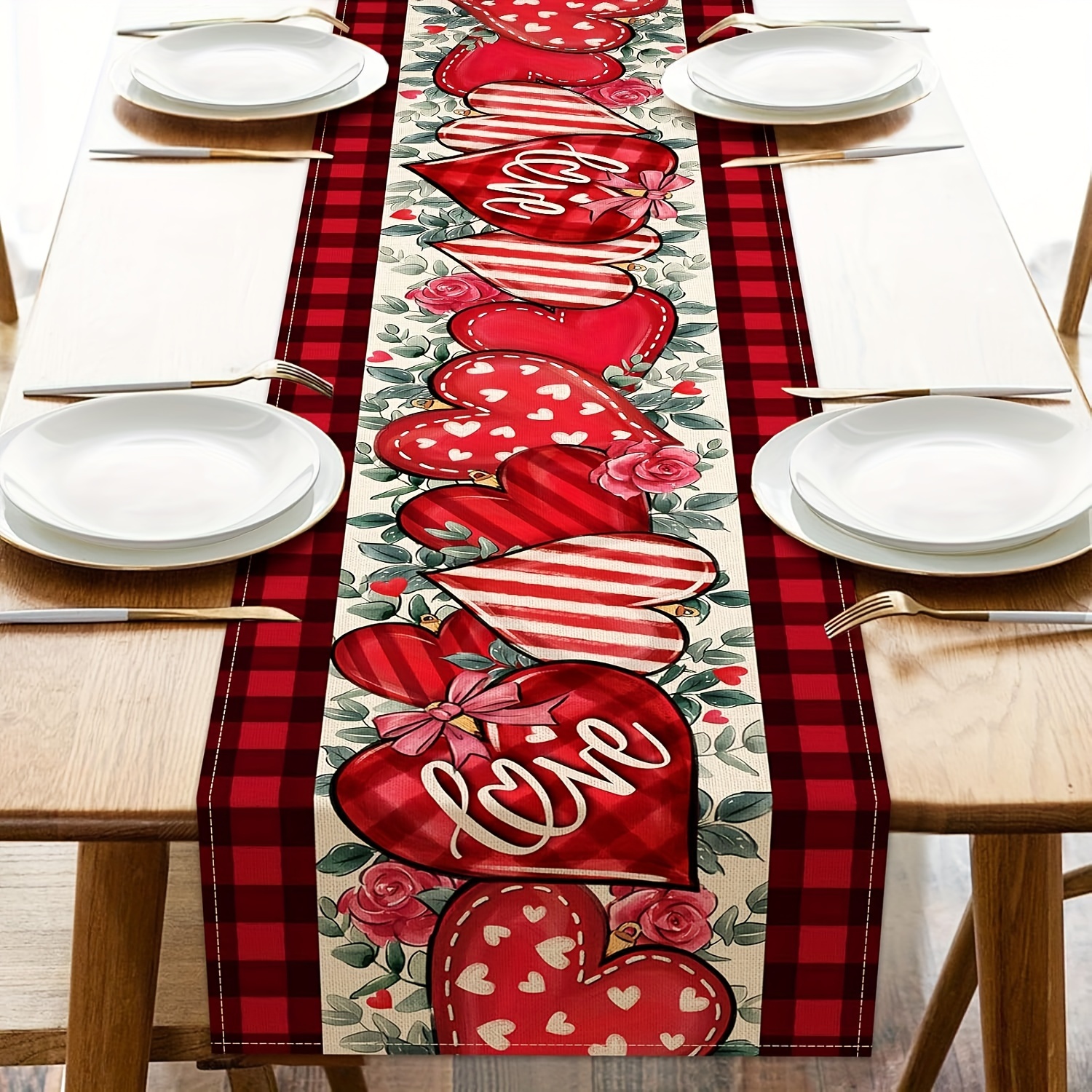 TEMU 1pc Linen Valentine's Day Table Runner, Heart & Rose , Check Stripes, Farmhouse Kitchen Dining Decor, 13x48/72/108 Inch, Indoor & Outdoor Party Supplies