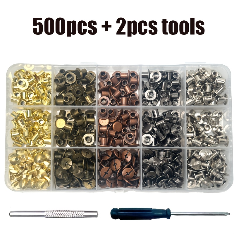 E-shop 500 Stück Chicago Schrauben Set, 2 Werkzeuge, 5 Farben Leder Nieten, Doppel Kappen Nieten Röhren Metall Nieten für Lederarbeiten, Kleidung