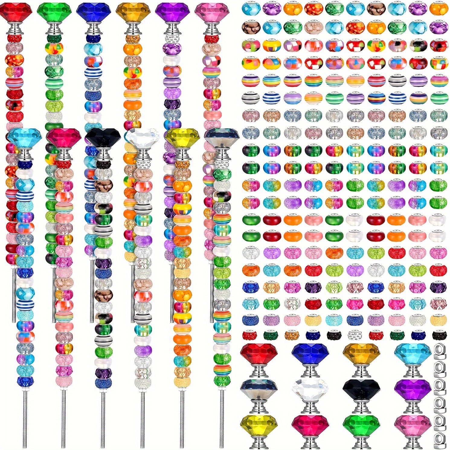 

118-piece Fairy Wand Garden Stake Diy Kit With 6 Colorful Crystal Caps, 6 Threaded Rods, And 100 Large Hole Beads - Stainless Steel Twist-on Nuts Garden Decor Assortment Set