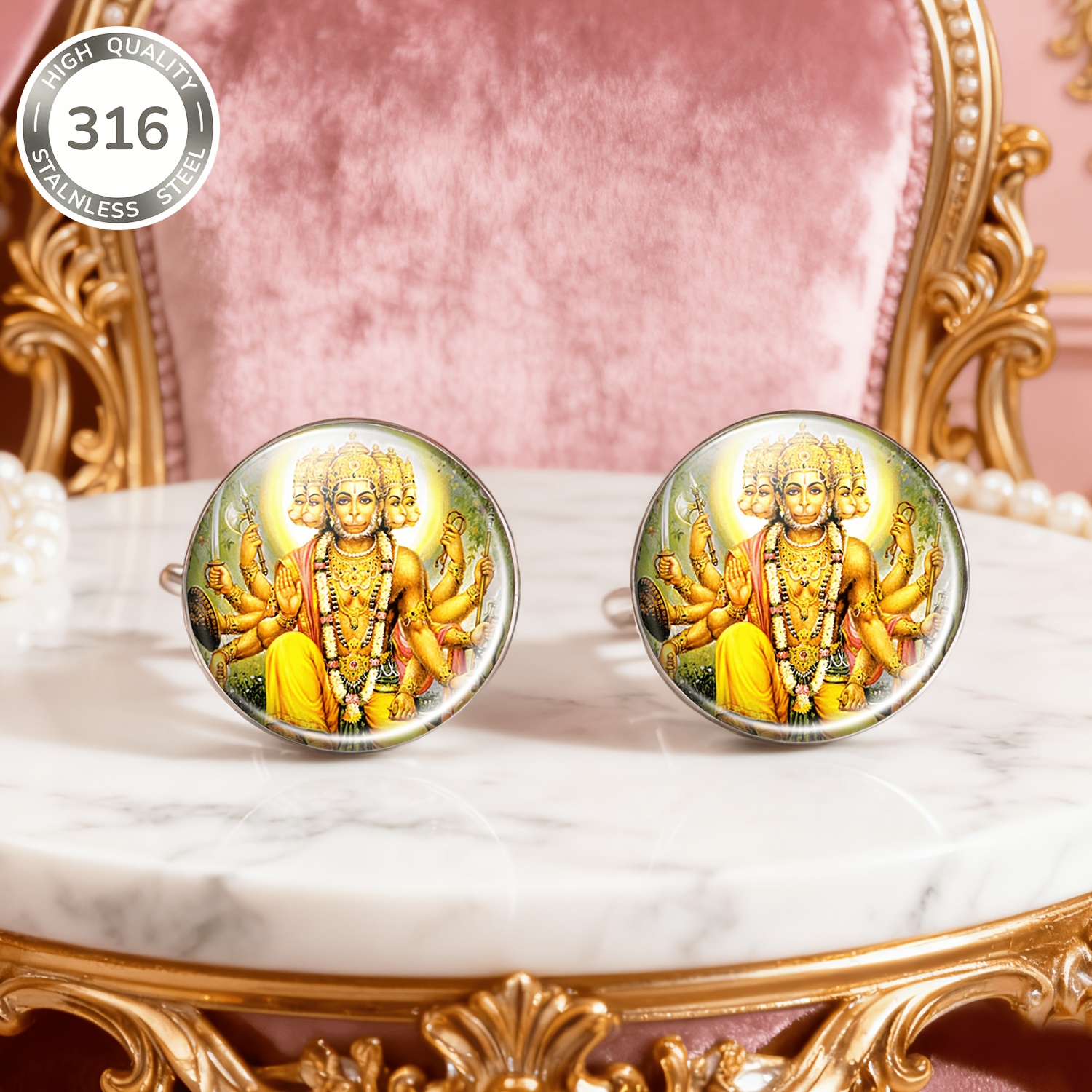 2pcs Set Hanuman No-Piercing Ear Studs, Gold