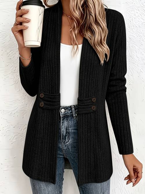 casual solid color double breasted decorative belt long sleeve womens cardigan relaxed style versatile length open jacket daily or casual wear