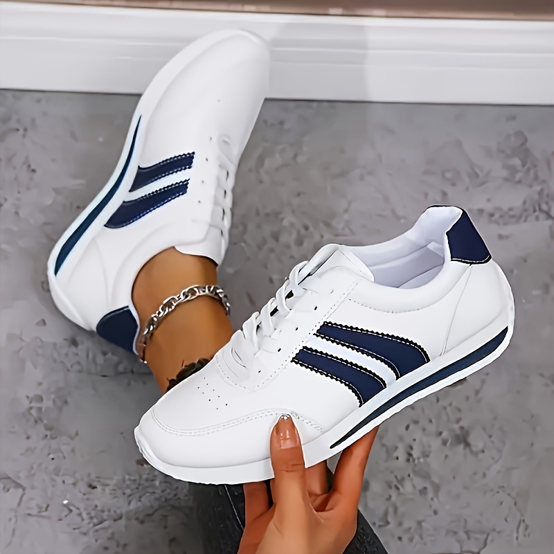 Women'S Casual Sneakers, Lightweight White Synthetic Upper with Navy Blue/Green Stripe Accents, EVA Sole Lace-Up Low-Top Design, All-Season Wear, for Daily Use, Outdoor Sports, Parties, Fitness, Beach Activities, Vacations & Holiday Gifts