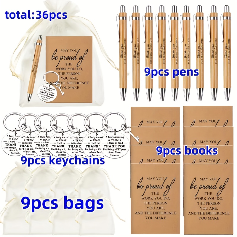TEMU Ensemble de 36 pièces/9 sets de cadeaux inspirants - Stylo rétractable en bambou avec porte-clés et carnet de remerciements - Convient aux