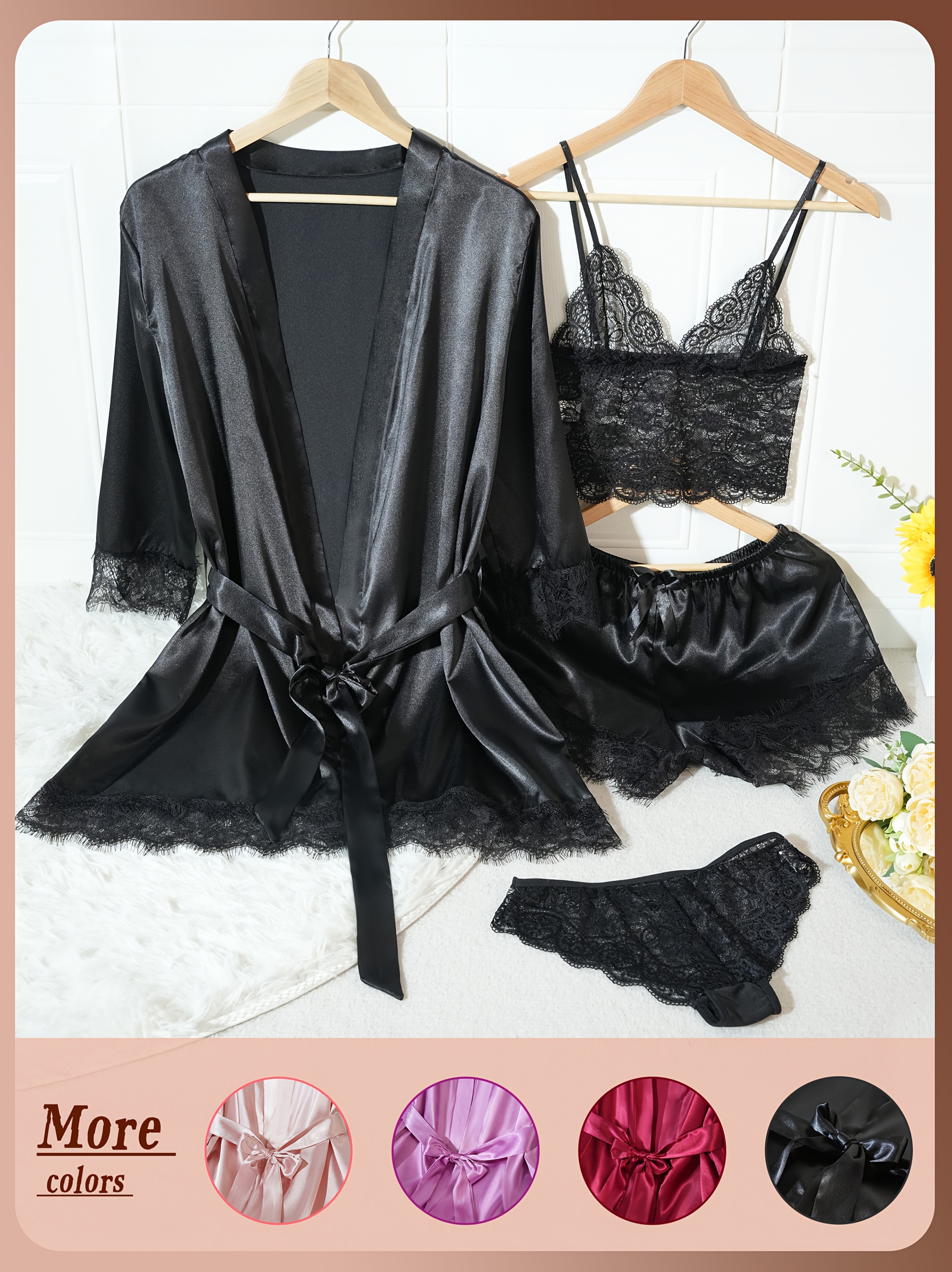 Conjunto de Pijama Elegante Estilo Palacio para Damas, Tela Suave, Cómodo, Ropa Interior y Camisón, Juego de 4 Piezas