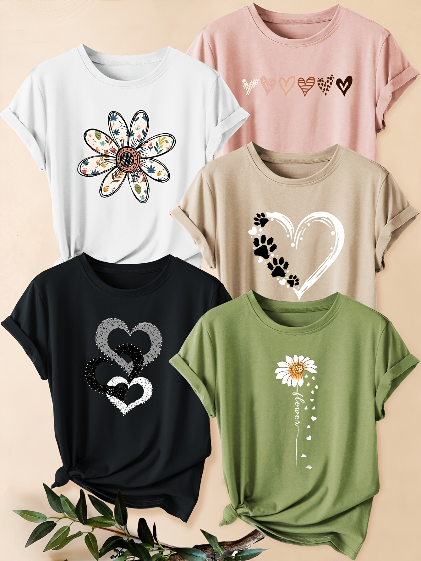 5pcs womens retro graphic print t shirts floral heart designs   round neck casual tees for gym training casual attire machine washable spring summer fall   seasonal fashion vintage style shirts nontransparent fabric white black light   green 0